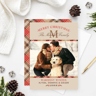 Rustige beige Tartan kerstmonogram foto Feestdagenkaart