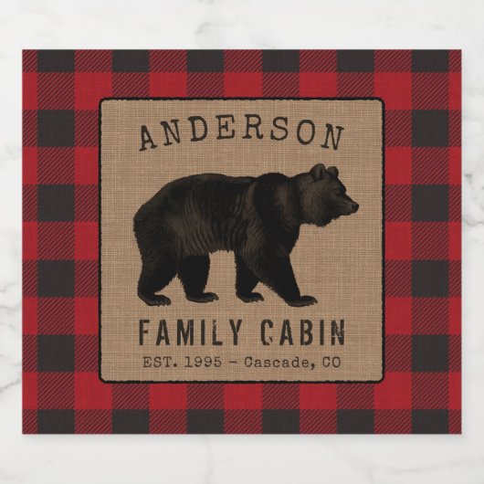 Rustige Beren Cabin Red Pset Burlap-labels Likeurfles Etiket (Enkel label)