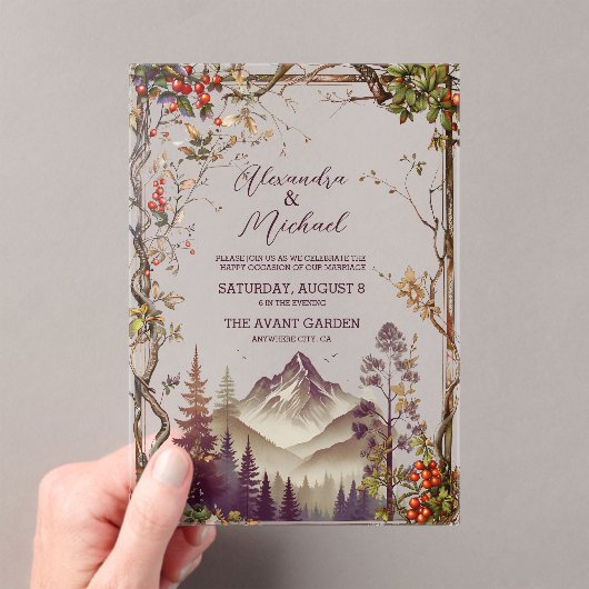 Rustige Berg Forest Evergreen Tree Wedding Acryl Uitnodigingen (Insitu (Draagbaar))