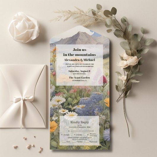 Rustige Berg Forest Evergreen Tree Wedding All In One Uitnodiging