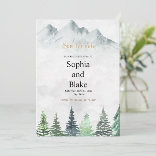 Rustige bergen en Waterverf-bruiloft Save The Date (Staand voorkant)