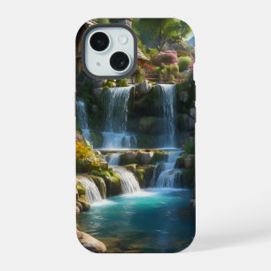 Rustige berghut watervallen bloemen iPhone 15 hoesje