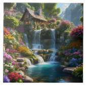 Rustige berghut watervallen bloemen tegeltje (Voorkant)