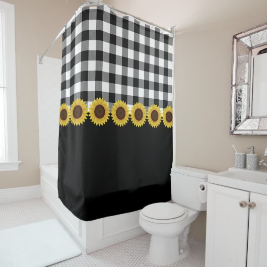 Rustige Black en White Plaids Sunflower Pattern Sh Douchegordijn (In situ)