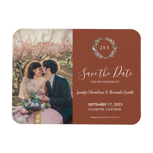 Rustige bladeren monogram foto Save the Date Magneet (Horizontaal)