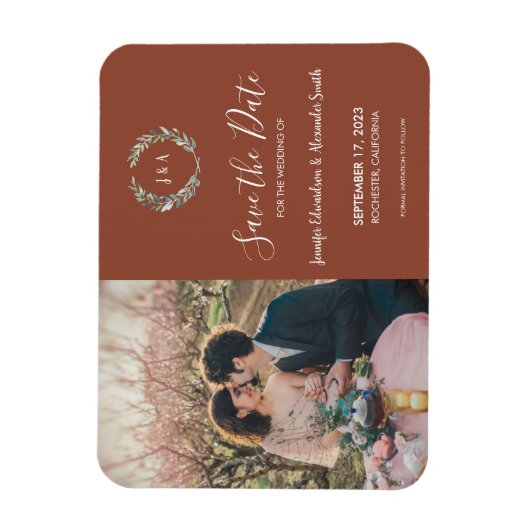 Rustige bladeren monogram foto Save the Date Magneet (Verticaal)