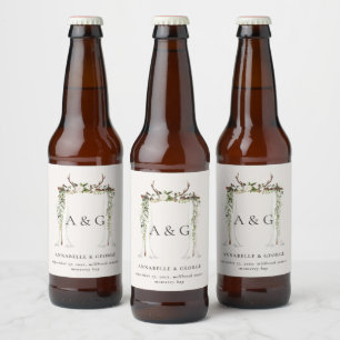 Rustige bladeren, witte florale vlek, trouwerij bier etiket