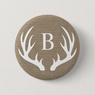 Rustige blanke lui Antlers & Faux Burlap Monogram Ronde Button 5,7 Cm