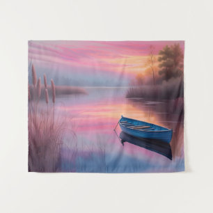 Rustige blauwe boot met roze lucht weerspiegeling wandkleed