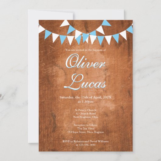 Rustige blauwe bunting doopfeest uitnodiging voor (Voorkant)