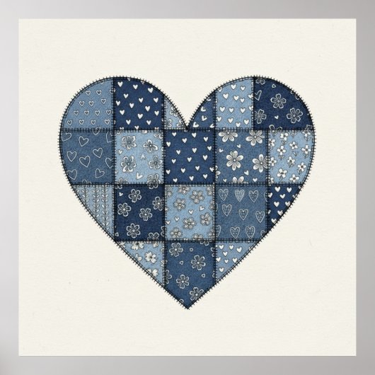 Rustige Blauwe Denim Patchwork Hart Illustratie Poster (Voorkant)