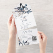 Rustige Blauwe en Witte Winterbladcode QR-code All In One Uitnodiging (Afscheurbaar)