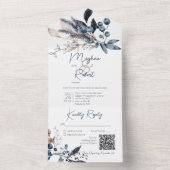 Rustige Blauwe en Witte Winterbladcode QR-code All In One Uitnodiging (Binnen)