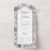 Rustige Blauwe Floral & Roos Gold Dinner All In One Uitnodiging (Binnen)