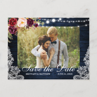 Rustige Blauwe Hout Floral Lights Sla de datum op Briefkaart