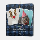 Rustige blauwe vlam mistletoe sneeuw 2 foto's keramisch ornament (Links)