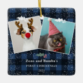 Rustige blauwe vlam mistletoe sneeuw 2 foto's keramisch ornament (Voorkant)