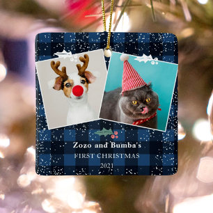 Rustige blauwe vlam mistletoe sneeuw 2 foto's keramisch ornament