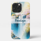 Rustige blauwe waterval, roze bloemen op maat iPhone hoesje (Achterkant)