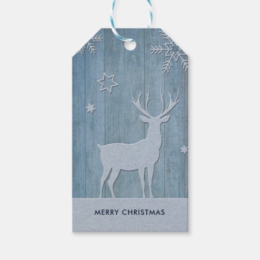 Rustige Blauwe Wood Reindeer Country Kerstmis Cadeaulabel (Voorkant)