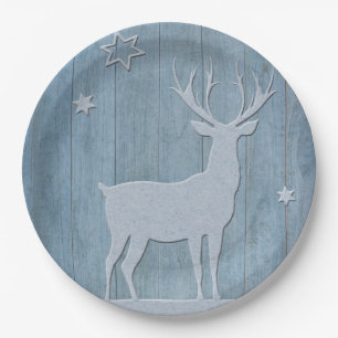 Rustige Blauwe Wood Reindeer Country Kerstmis Papieren Bordje
