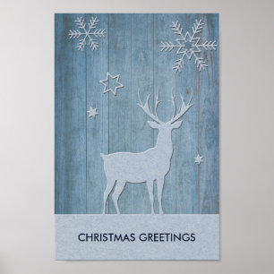 Rustige Blauwe Wood Reindeer Country Kerstmis Poster