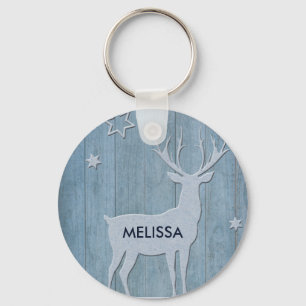 Rustige Blauwe Wood Reindeer Country Kerstmis Sleutelhanger
