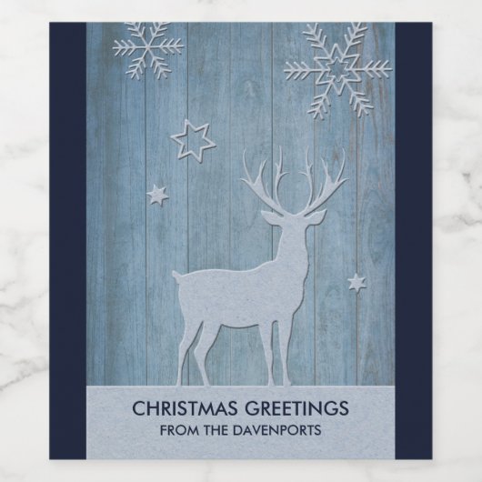 Rustige Blauwe Wood Reindeer Country Kerstmis Wijn Etiket (Enkel label)
