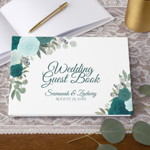Rustige Blauwgroen Rozen Elegant Floral Boho Weddi Gastenboek