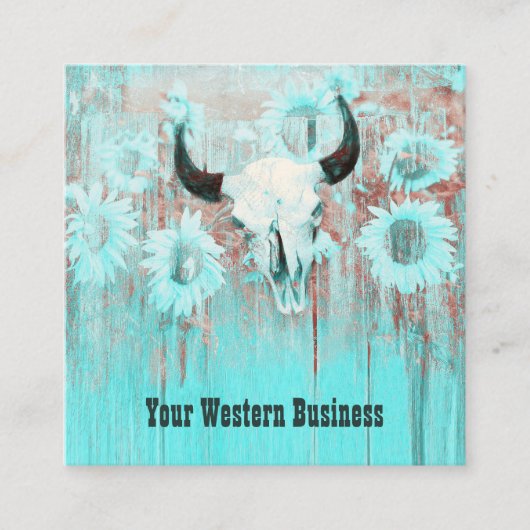 Rustige Blauwgroen Westerne bull Sull Sunflower op Vierkante Visitekaartje (Voorkant)