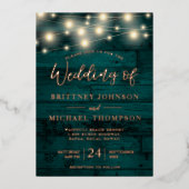 Rustige Blauwgroen Wood String Lights Wedding Folie Uitnodiging (Voorkant)