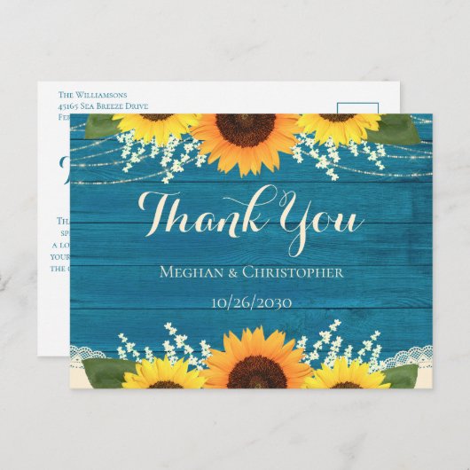 Rustige Blauwgroen zonnebloem Weddenschap Bedankt Briefkaart (Voorkant / Achterkant)
