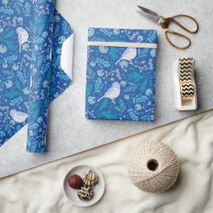 Rustige Blue Forest Birds kerstavond Cadeaupapier