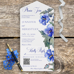 Rustige Blue Morning Glory Floral QR Code All In One Uitnodiging