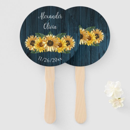 Rustige Blue Sunflower Wedding Favor Hand Fan Handwaaier (Voorkant en achterkant)