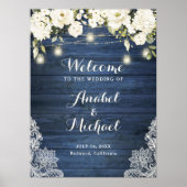 Rustige Blue Wood Lace White Flower Welcome Sign Poster (Voorkant)