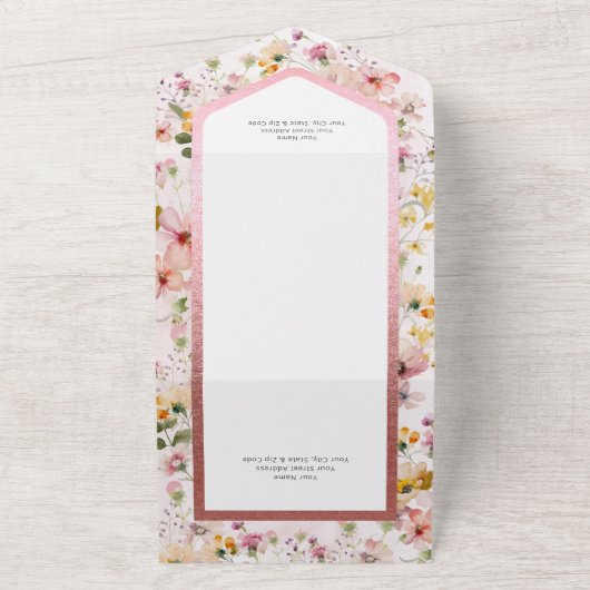 Rustige Blush Roze Wildbloemen Geen diner All In One Uitnodiging (Buitenkant)