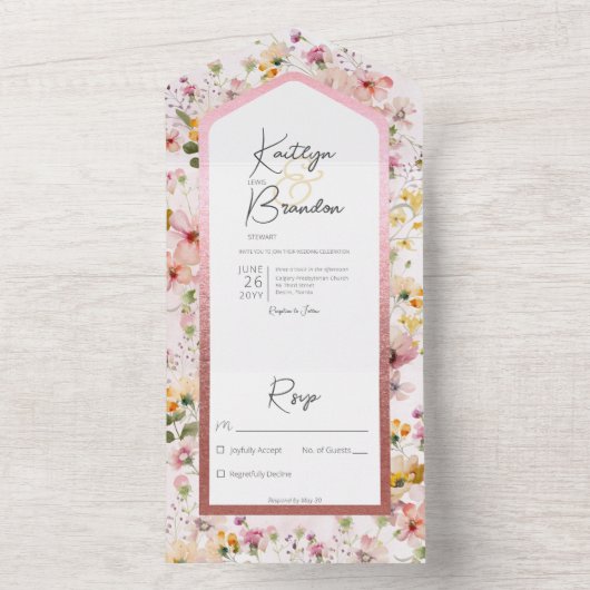 Rustige Blush Roze Wildbloemen Geen diner All In One Uitnodiging (Binnen)
