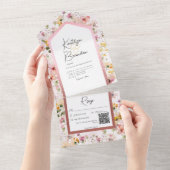 Rustige Blush Roze Wildbloemen QR-code All In One Uitnodiging (Afscheurbaar)