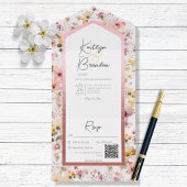 Rustige Blush Roze Wildbloemen QR-code All In One Uitnodiging