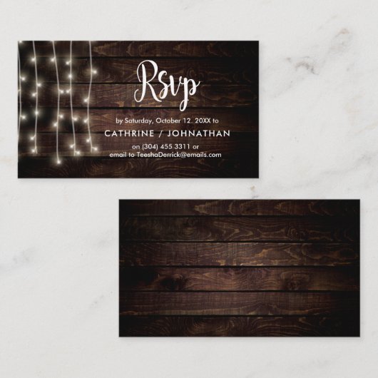 Rustige Boerderij Hout, String Lights, RSVP reager Informatiekaartje (Voorkant / Achterkant)