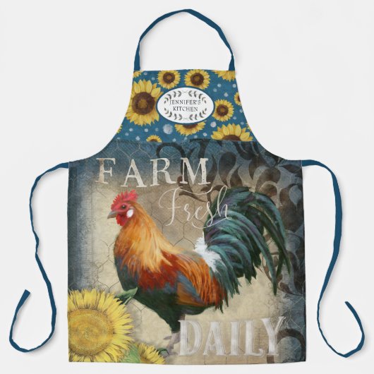 Rustige Boerderij Rooster Sunflower Blue Kitchen N Schort (Voorkant)