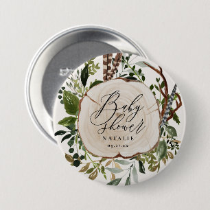 Rustige boerderijschors botanisch baby shower ronde button 7,6 cm