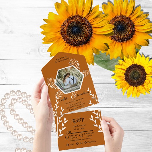 rustige boho verbrand oranje bruiloft all in one uitnodiging