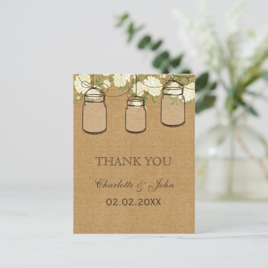 Rustige bolap ivoor rozen mason jars Bedankt Briefkaart (Staand voorkant)