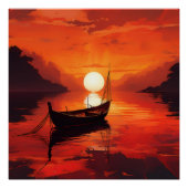 Rustige boot in Fiery Sunset - Serene Natuur Art Perfect Poster (Voorkant)