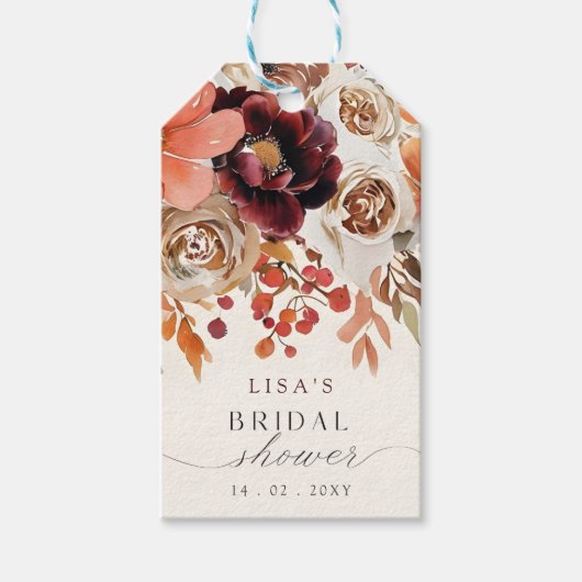Rustige bordeaux bloemrijke herfst bruidsdouche cadeaulabel (Voorkant)