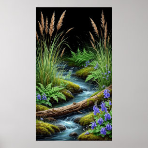 🌿 Rustige bosbeek met wilde bloemen Poster