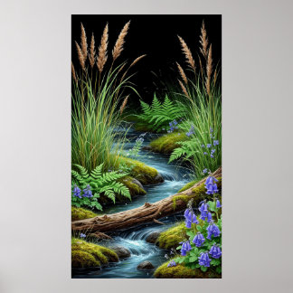 🌿 Rustige bosbeek met wilde bloemen Poster