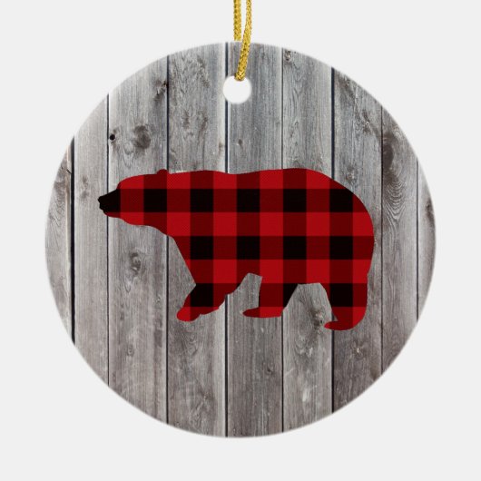 Rustige bosgrond beer met rode buffelplaat keramisch ornament (Voorkant)